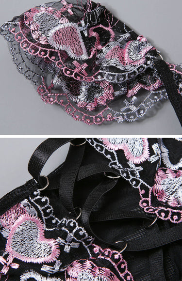 Crisscross Heart Embroidered Lingerie Set